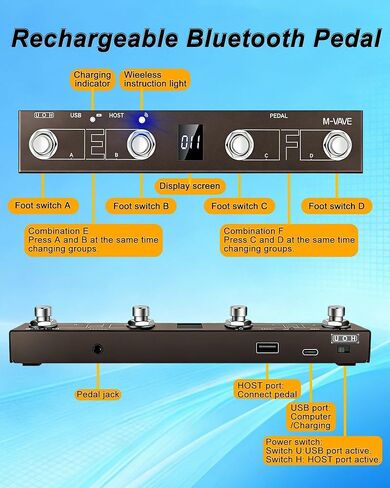 وحدة تحكم القدم M-VAVE Chocolate Plus MIDI، دواسة MIDI لاسلكية مع 4 مفاتيح قدم قابلة للبرمجة، دواسة تقليب الصفحات القابلة لإعادة الشحن BT لـ DAW، دواسة حلقة وموالف، متوافقة مع iOS Android Windows Mac in Kuwait