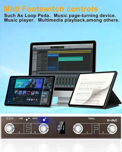 وحدة تحكم القدم M-VAVE Chocolate Plus MIDI، دواسة MIDI لاسلكية مع 4 مفاتيح قدم قابلة للبرمجة، دواسة تقليب الصفحات القابلة لإعادة الشحن BT لـ DAW، دواسة حلقة وموالف، متوافقة مع iOS Android Windows Mac in Kuwait