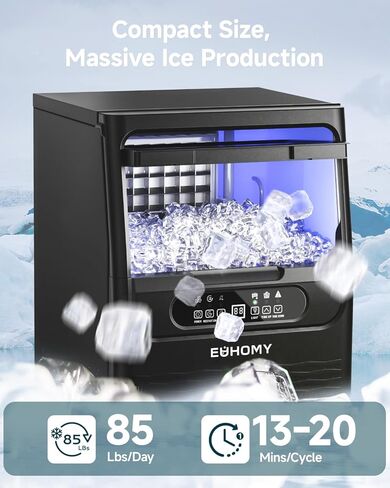 EUHOMY Commercial Ice Maker Machine,85lbs/24H,36 Ice Cubes in 8-12 Mins,Under Counter Ice Maker with Water Filter,12lbs Storage Capacity,Freestanding Ice Machine for Home/Bar/Cafe/Restaurant in Kuwait