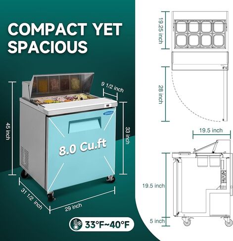 29" Commercial Sandwich Prep Table Refrigerator - One Door Stainless Steel Fright with 8 Pans, 8 Cu.Ft Capacity, Low Noise, Adjustable Shelves, Auto Defrost, Digital Temp Control in Kuwait