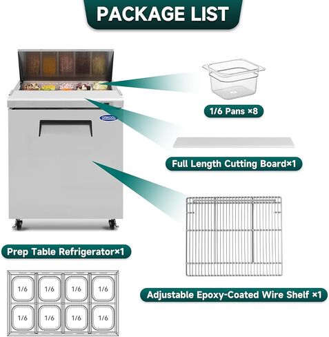 29" Commercial Sandwich Prep Table Refrigerator - One Door Stainless Steel Fright with 8 Pans, 8 Cu.Ft Capacity, Low Noise, Adjustable Shelves, Auto Defrost, Digital Temp Control in Kuwait