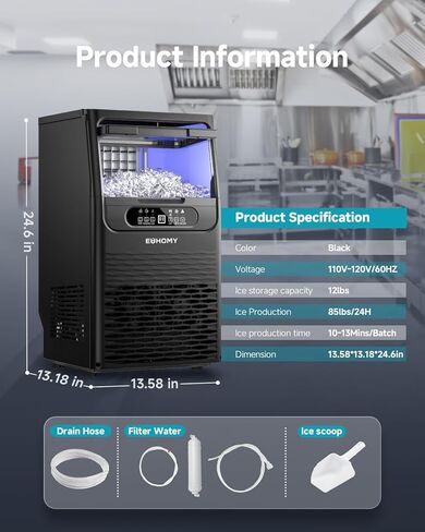 EUHOMY Commercial Ice Maker Machine,85lbs/24H,36 Ice Cubes in 8-12 Mins,Under Counter Ice Maker with Water Filter,12lbs Storage Capacity,Freestanding Ice Machine for Home/Bar/Cafe/Restaurant in Kuwait