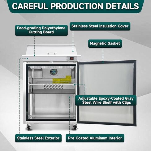 29" Commercial Sandwich Prep Table Refrigerator - One Door Stainless Steel Fright with 8 Pans, 8 Cu.Ft Capacity, Low Noise, Adjustable Shelves, Auto Defrost, Digital Temp Control in Kuwait