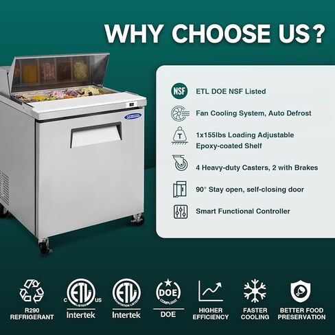 29" Commercial Sandwich Prep Table Refrigerator - One Door Stainless Steel Fright with 8 Pans, 8 Cu.Ft Capacity, Low Noise, Adjustable Shelves, Auto Defrost, Digital Temp Control in Kuwait