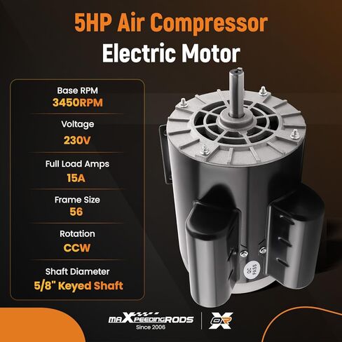 محرك كهربائي لضاغط الهواء maxpeedingrods 5HP SPL، 56 إطارًا 3450 دورة في الدقيقة، جهد 230 فولت 15.0 أمبير، عمود مفتاح 5/8 بوصة، دوران CCW، طول عمود 1.88 بوصة لضواغط الهواء in Saudi Arabia