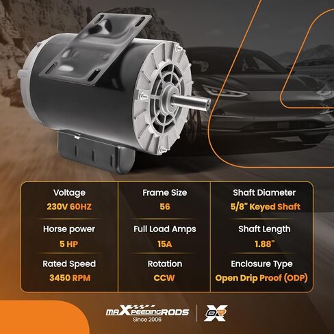محرك كهربائي لضاغط الهواء maxpeedingrods 5HP SPL، 56 إطارًا 3450 دورة في الدقيقة، جهد 230 فولت 15.0 أمبير، عمود مفتاح 5/8 بوصة، دوران CCW، طول عمود 1.88 بوصة لضواغط الهواء in Saudi Arabia