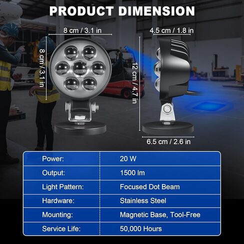 ضوء سلامة الرافعة الشوكية LED ضوء بقعة أزرق مع حامل مغناطيسي، جهد عريض DC10-80V، مقاوم للماء IP68، غطاء من الألومنيوم، تحذير مدمج سهل التركيب لسلامة مستودع الرافعة الشوكية/AGV (قطعتان) in Kuwait
