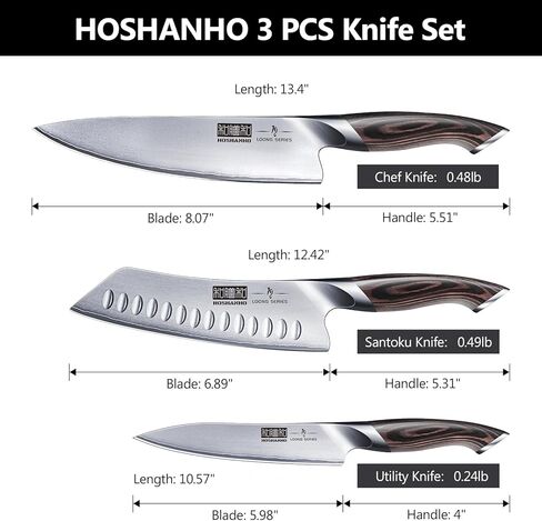 HOSHANHO 3 Pieces Knife Set, Professional Japanese High Carbon Stainless Steel Kitchen Knife Set, Ultra Sharp Chef Knives Sets with Ergonomic Pakkawood Handle in Kuwait