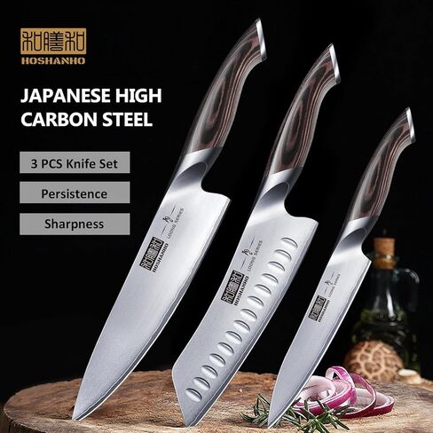 HOSHANHO 3 Pieces Knife Set, Professional Japanese High Carbon Stainless Steel Kitchen Knife Set, Ultra Sharp Chef Knives Sets with Ergonomic Pakkawood Handle in Kuwait
