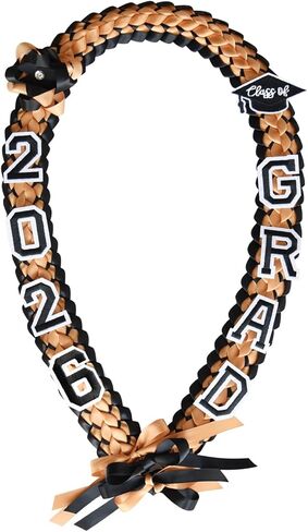 KUDOS Graduation Lei 2025 – Black & Gold Ribbon Garland with Honor Cord & GRAD 2025 Sticker – Handmade Braided Graduation Necklace for Men & Women – High School College Ceremony in Kuwait