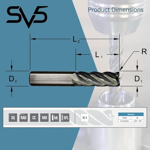 SCT20374 SV5 5-Flute, 3/4" Diameter, 1-3/4" Cutting Length, .120" Corner Radius, Center Cut, 4" OAL, Coated, 3/4" Shank Dia., High Performance Variable Helix Carbide Endmill for Ferrous Materials in Kuwait