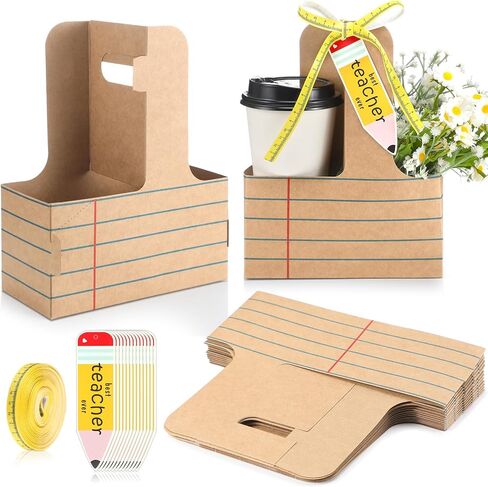 24 Set Back to School Appreciation Gifts 2 Cup Drink Carrier with Handle Kraft Cardboard Cup Holder with Greeting Card and Ribbon Thank You Gift for Teacher Appreciation (Brown) in Saudi Arabia