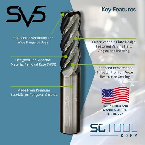 SCT20286 SV5 5-Flute, 5/16" Diameter, 7/8" Cutting Length, .030" Corner Radius, Center Cut, 2.5" OAL, Coated, 5/16" Shank Dia., High Performance Variable Helix Carbide Endmill for Ferrous Materials in Kuwait