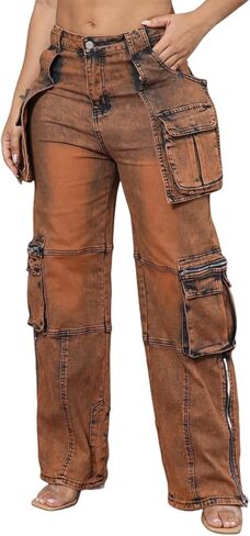 Ryehack Jeans Cargo Pants for Women Y2K Straight Leg Side Zipper Denim Pants with Pockets Stretch Jeans Streetwear in Kuwait