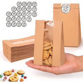 50 عبوة من أكياس البسكويت مع نافذة، مقاس 8.89 سم × 6.35 سم × 19.05 سم، أكياس مخبز ورقية كرافت مع ملصقات للوجبات الخفيفة والكب كيك والفشار وحبوب القهوة وهدايا الحفلات وتغليف البسكويت in Kuwait