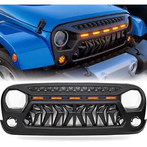 Haitzu Grill Compatible with The Following Models:Jeep Wrangler 2007-2018 JK JUK Shark Grille Accessories Matte Black with 5 Amber Lights Including Unlimited Rubicon Sahara Sport in Kuwait