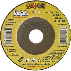 CGW Abrasives 45219 Cutting Wheels 41/2X3/32(094) X5/8-11 T27 A36S 3-in-1 Wheels .094 Cut/Grind/Finish Resin Cut WHLS Thin (10 Pack) in Kuwait