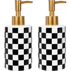 عبوتان من موزع صابون السيراميك، مجموعة موزع صابون اليد الحديثة على شكل شطرنج 10 أونصة لمنضدة الحمام، حوض المطبخ، زجاجة مضخة قابلة لإعادة الملء برأس ذهبي مقاوم للصدأ (أسود وأبيض) in Kuwait