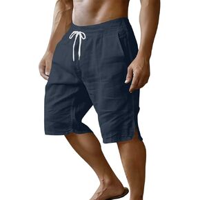 رجل الكتان السراويل الصيف عادية الركبة طول الرباط الكتان شورت برمودا الجانب سبليت الشاطئ عطلة جيوب قصيرة in Kuwait