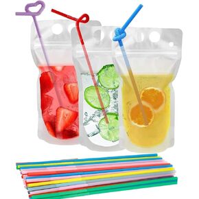 100 Pcs Drink Pouches with Straws, Freezable Drink Bags Juice Pouches for Adults and Kids, Reclosable Zipper Plastic Clear Drink Container Sets with Straw for Cold & Hot Drinks Party Picnic Camping in Kuwait