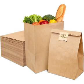 100 قطعة من أكياس البقالة الورقية، أكياس ورق كرافت بنية مقاس 12 × 7 × 17 بوصة، أكياس بقالة كبيرة بوزن 60 رطلًا شديدة التحمل للتسوق وتخزين الوجبات الجاهزة بالتجزئة | كرافت صديقة للبيئة، سعة كبيرة، 60 رطلاً للخدمة الشاقة in Kuwait