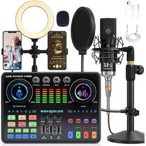 مجموعة معدات البودكاست من ALSO GO، ميكروفون بودكاست WXH520 مع مغير الصوت، بطاقة صوت Dj20، حامل قابل للتعديل مناسب للكمبيوتر/الهاتف، ألعاب الغناء المباشرة، مغير الصوت، تقليل الضوضاء in Kuwait
