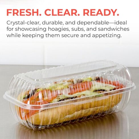 Clear Hoagie Containers 10x5x3 Inch – 30 Pack | Disposable Plastic Sub Sandwich Containers with Hinged Lids – BPA-Free, Clamshell To-Go Containers for Deli, Takeout, Bakery, Food Trucks in Kuwait