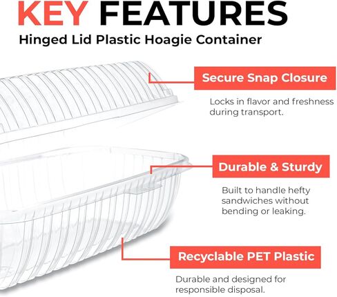 Clear Hoagie Containers 10x5x3 Inch – 30 Pack | Disposable Plastic Sub Sandwich Containers with Hinged Lids – BPA-Free, Clamshell To-Go Containers for Deli, Takeout, Bakery, Food Trucks in Kuwait