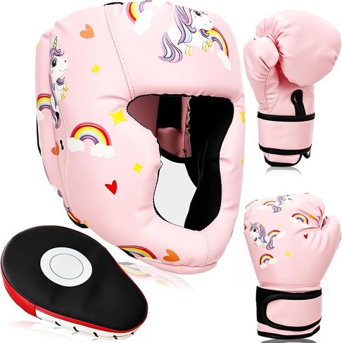 Boxing Headgear and Gloves Set for Kids 3 in 1 Including Adjustable Headgear and Boxing Gloves and Punching Mitts for Kids Kickboxing Thai Training in Kuwait
