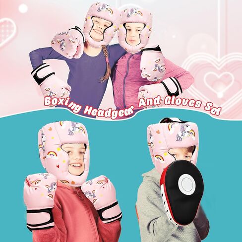 Boxing Headgear and Gloves Set for Kids 3 in 1 Including Adjustable Headgear and Boxing Gloves and Punching Mitts for Kids Kickboxing Thai Training in Kuwait