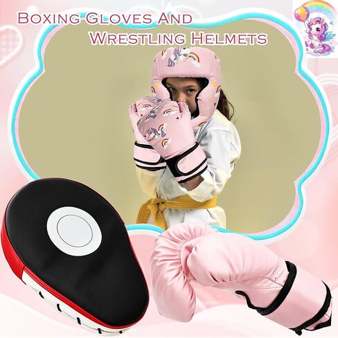 Boxing Headgear and Gloves Set for Kids 3 in 1 Including Adjustable Headgear and Boxing Gloves and Punching Mitts for Kids Kickboxing Thai Training in Kuwait