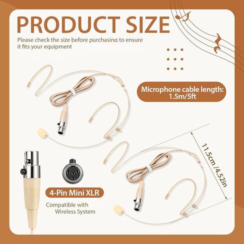Sabary 2 Pcs Headset Microphone Dual Headworn Earset Over Ear Hanging with 4 Pin XLR 5ft Cable Compatible with Shure Wireless System Bodypack Transmitter for Lectures Live Performance Theater(Beige) in Kuwait