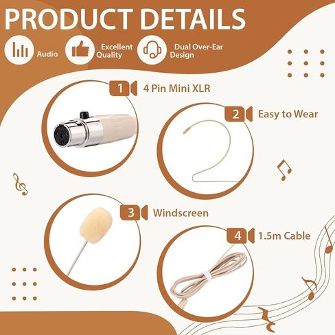 Sabary 2 Pcs Headset Microphone Dual Headworn Earset Over Ear Hanging with 4 Pin XLR 5ft Cable Compatible with Shure Wireless System Bodypack Transmitter for Lectures Live Performance Theater(Beige) in Kuwait