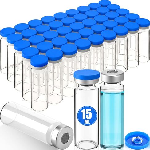 50 Pcs 15ml Sealed Sterile Empty Vials with Self Healing Injection Port Clear Glass Empty Vials with Sealing Plastic-Aluminum Flip Cap Sterile Injection Vial for Flat Bottom Lab (Blue Lid) in Saudi Arabia