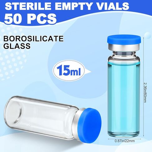 50 Pcs 15ml Sealed Sterile Empty Vials with Self Healing Injection Port Clear Glass Empty Vials with Sealing Plastic-Aluminum Flip Cap Sterile Injection Vial for Flat Bottom Lab (Blue Lid) in Saudi Arabia