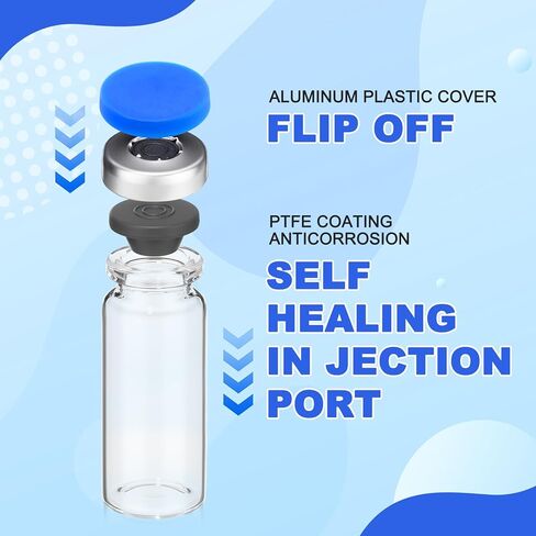 50 Pcs 15ml Sealed Sterile Empty Vials with Self Healing Injection Port Clear Glass Empty Vials with Sealing Plastic-Aluminum Flip Cap Sterile Injection Vial for Flat Bottom Lab (Blue Lid) in Saudi Arabia
