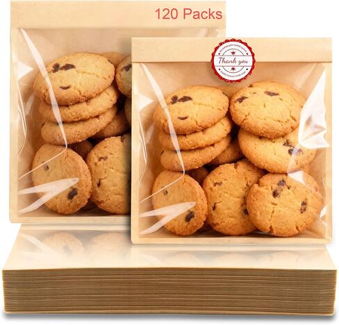 120 Pack Cookie Bags with Seal and Stickers, 5.7 x 6.5 Inch Paper Bakery Bags with Window, Heat-Sealable, Greaseproof Paper Bags Perfect for Treat, Donuts, Cake Slices, Scones, and Brownies in Saudi Arabia