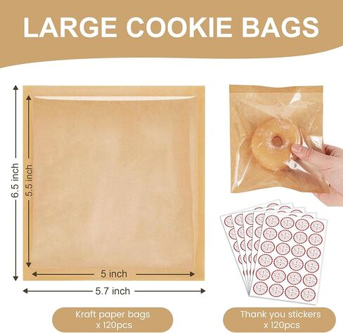 120 Pack Cookie Bags with Seal and Stickers, 5.7 x 6.5 Inch Paper Bakery Bags with Window, Heat-Sealable, Greaseproof Paper Bags Perfect for Treat, Donuts, Cake Slices, Scones, and Brownies in Saudi Arabia