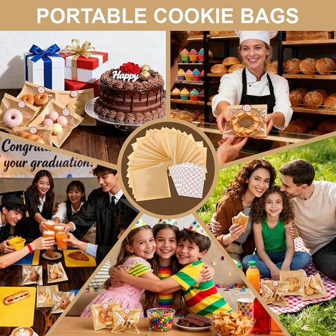 120 Pack Cookie Bags with Seal and Stickers, 5.7 x 6.5 Inch Paper Bakery Bags with Window, Heat-Sealable, Greaseproof Paper Bags Perfect for Treat, Donuts, Cake Slices, Scones, and Brownies in Saudi Arabia