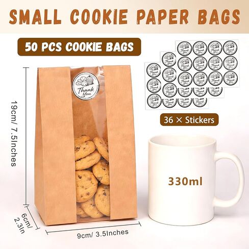 50 عبوة من أكياس البسكويت مع نافذة، مقاس 8.89 سم × 6.35 سم × 19.05 سم، أكياس مخبز ورقية كرافت مع ملصقات للوجبات الخفيفة والكب كيك والفشار وحبوب القهوة وهدايا الحفلات وتغليف البسكويت in Kuwait