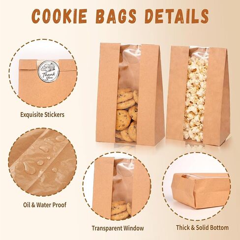 50 عبوة من أكياس البسكويت مع نافذة، مقاس 8.89 سم × 6.35 سم × 19.05 سم، أكياس مخبز ورقية كرافت مع ملصقات للوجبات الخفيفة والكب كيك والفشار وحبوب القهوة وهدايا الحفلات وتغليف البسكويت in Kuwait