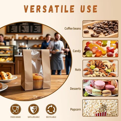 50 عبوة من أكياس البسكويت مع نافذة، مقاس 8.89 سم × 6.35 سم × 19.05 سم، أكياس مخبز ورقية كرافت مع ملصقات للوجبات الخفيفة والكب كيك والفشار وحبوب القهوة وهدايا الحفلات وتغليف البسكويت in Kuwait