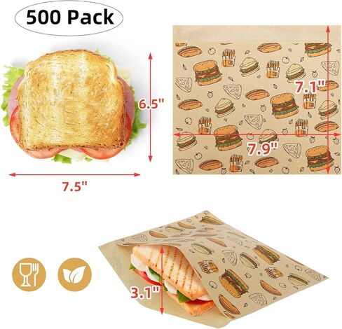 500 Pack Paper Sandwich Bags, Greaseproof Paper Snack Bags for Food, Kraft Wax Paper Bakery Bag, Food Grade Treat bags for Donuts Cookies Burgers Food Storage Wrapping, 7.9'' x 7.1'' in Saudi Arabia