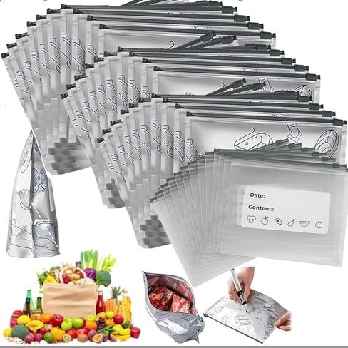 45pcs Reusable Aluminum Foil Sealable Storage Bags, 2026 New Resealable Vacuum Zipper Pouches for Food, Stand Up Foil Sealable Bags with Label and Zip Lock for Vegetable Fruit Meat | 2026 New, Resealable Vacuum, Zipper Pouches, Stand Up, For Food Storage in Saudi Arabia