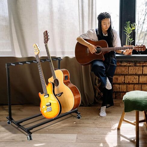 Foldable Multi Guitar Stand with Wheels, Heavy-Duty Rolling Rack for Acoustic/Electric/Bass Guitars, Non-Slip Rubber Padding, Portable Storage Display for Home Studio Stage Band Use in Saudi Arabia