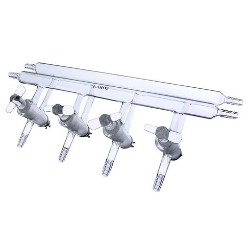 Laboy Glass Double Maniflod Vacuum Gas Distributor for Schlenk Line with 4-Port Solid Glass Stopcock All Hose Opens 450mm in Length Air-Free Chemistry Lab Glassware in Saudi Arabia