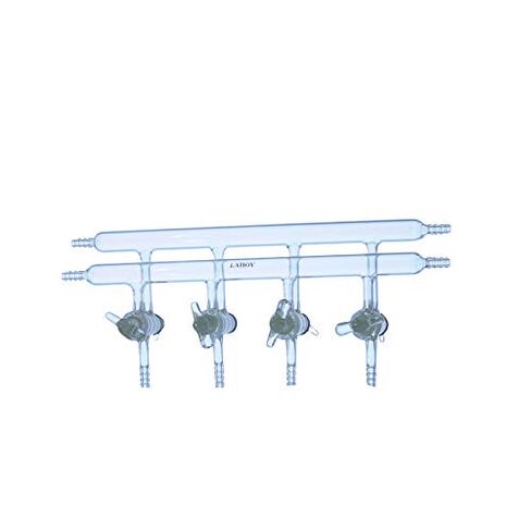 Laboy Glass Double Maniflod Vacuum Gas Distributor for Schlenk Line with 4-Port Solid Glass Stopcock All Hose Opens 450mm in Length Air-Free Chemistry Lab Glassware in Saudi Arabia
