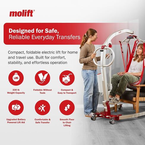 Molift Smart 150 Premium Electric Patient Lift Transfer Chair - No-Assembly Foldable Design for Home & Travel - Intelligent Professional-Grade Lift Assist for Elderly & Limited Mobility - 330 lbs Cap in Saudi Arabia