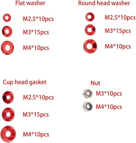 125x RC Washer Kit Countersunk Head Colorful W/Nuts Spacer for 1/10 1/8 All Models Decoration Hardware Accessories, Red in Saudi Arabia
