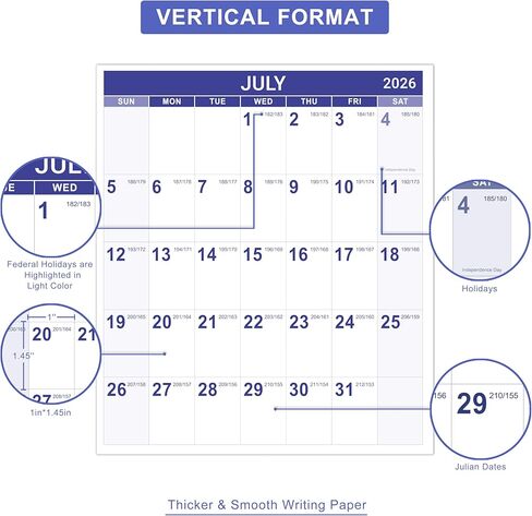 2024 Wall Calendar -12 Monthly Calendar 2024 with Thick Paper, 12" x 17", Jan. 2024 - Dec. 2024, Twin-Wire Binding + Hanging Hook + Large Ruled Blocks with Julian Dates - Blue Gilding in Kuwait